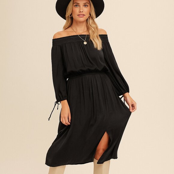 HEM & THREAD Off-Shoulder Black Midi Dress | Boho Chic Long Sleeve Dress - Picture 1 of 5